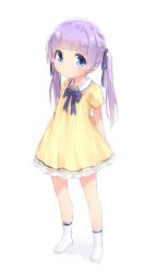 1girl :&lt; arms_behind_back blue_eyes child dress female_focus full_body highres long_hair mochi_hiyoko mochipro purple_hair ribbon simple_background socks solo tamase_tama twintails virtual_youtuber white_background white_footwear yellow_dress