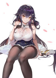 Rule 34 | 1girl, azuma (azur lane), azur lane, bare shoulders, black gloves, black hair, blush, bra, bra visible through clothes, breasts, brown pantyhose, covered erect nipples, covered navel, flower, gloves, goti (gotie23), hair flower, hair ornament, hairclip, half gloves, hand on own chest, highres, huge breasts, large breasts, long hair, looking at viewer, orange eyes, pantyhose, pleated skirt, see-through, shirt, sitting, skirt, sleeveless, sleeveless shirt, smile, solo, thighband pantyhose, underbust, underwear, very long hair, white bra
