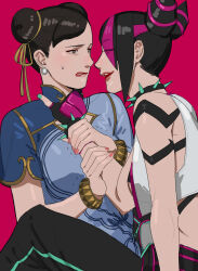 Rule 34 | absurdres, bbubbubbobbo123, capcom, chinese clothes, chun-li, collar, double bun, earrings, hair bun, han juri, hand on another&#039;s neck, highres, holding another&#039;s wrist, jewelry, multicolored hair, nervous sweating, spiked collar, spikes, street fighter, street fighter 6, sweat, yuri