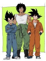 Rule 34 | 3boys, alternate costume, ankle boots, arms at sides, belt, belt buckle, black eyes, black footwear, black hair, blue belt, blue footwear, blue jumpsuit, blue wristband, boots, border, broly (dragon ball super), buckle, clothes around waist, cross-laced footwear, crossed arms, dark-skinned male, dark skin, dragon ball, dragon ball super, dragon ball super broly, dragonball z, expressionless, full body, green background, green jacket, green jumpsuit, grey footwear, hands in pockets, height difference, highres, jacket, jacket around waist, jumpsuit, kz (dbz kz), lineup, looking at viewer, male focus, medium hair, messy hair, multiple boys, muscular, muscular male, open belt, orange jumpsuit, partially unzipped, pectorals, scar, scar on arm, scar on face, serious, shirt, shoes, sideways glance, simple background, sleeves rolled up, smile, sneakers, son goku, spiked hair, standing, undershirt, vegeta, white border, white shirt, wristband, zipper