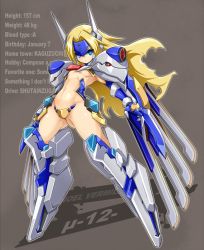 Rule 34 | 1girl, :&lt;, blazblue, blonde hair, blue eyes, breasts, crotch plate, elbow gloves, forehead protector, full body, gloves, gluteal fold, headgear, highres, karukan (monjya), long hair, looking at viewer, mecha musume, mu-12, navel, revealing clothes, sidelocks, small breasts, solo, tsurime, underboob