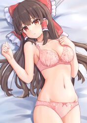 Rule 34 | 1girl, absurdres, bare arms, bare legs, bare shoulders, blush, bow, bra, breasts, brown hair, closed mouth, commentary request, cowboy shot, forneus 0, frilled bow, frilled hair tubes, frills, hair bow, hair tubes, hakurei reimu, hand on own chest, highres, lips, long hair, looking at viewer, lying, medium breasts, navel, on back, on bed, orange eyes, panties, pink bow, pink bra, pink panties, red bow, sidelocks, solo, stomach, touhou, underwear, underwear only