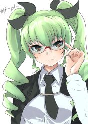 Rule 34 | 1girl, adjusting eyewear, anchovy (girls und panzer), anzio school uniform, artist name, bad id, bad pixiv id, black cape, black necktie, black ribbon, cape, closed mouth, dress shirt, drill hair, girls und panzer, glasses, green hair, hair ribbon, highres, kakimoto nao, long hair, long sleeves, looking at viewer, necktie, red-framed eyewear, red eyes, ribbon, school uniform, semi-rimless eyewear, shirt, signature, simple background, smile, solo, twin drills, twintails, under-rim eyewear, upper body, white background, white shirt
