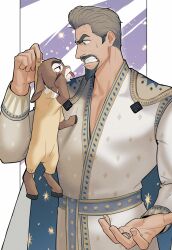 Rule 34 | 2boys, animal, animal ears, beard, black eyes, blue cape, blue eyes, border, brown fur, cape, clenched teeth, clothed animal, colored skin, cowboy shot, facial hair, from side, furrowed brow, goat, goat boy, goat ears, grey hair, grimace, highres, holding, holding animal, hooves, jewelry, king magnifico, looking at animal, looking at another, male focus, mature male, multiple boys, mustache, patterned background, patterned clothing, pectoral cleavage, pectorals, ring, robe, royal robe, star (symbol), starry background, sweatdrop, teeth, thick mustache, tobo katsuo, tongue, tongue out, two-sided cape, two-sided fabric, valentino (wish), wedding ring, white background, white cape, white robe, white skin, wish (disney)
