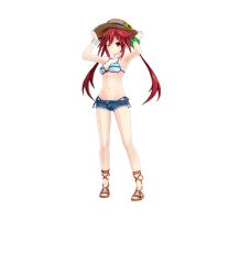 Rule 34 | 1girl, ;), bare legs, bikini, bikini under shorts, breasts, flower, full body, hands up, hat, hat flower, highres, long hair, micro shorts, navel, neptune (series), official art, one eye closed, orange eyes, promotional art, red eyes, red hair, sandals, shorts, side-tie bikini bottom, small breasts, smile, solo, striped bikini, striped clothes, sun hat, sunflower, swimsuit, tennouboshi uzume, torn clothes, torn shorts, transparent background, very long hair