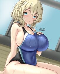 Rule 34 | 1girl, black one-piece swimsuit, blonde hair, blue eyes, blue one-piece swimsuit, braid, breasts, colorado (kancolle), competition swimsuit, covered navel, dated, day, hand on own chest, highleg, highleg swimsuit, highres, huge breasts, impossible clothes, impossible swimsuit, kantai collection, large breasts, looking at viewer, montemasa, multicolored clothes, multicolored swimsuit, one-hour drawing challenge, one-piece swimsuit, rei no pool, short hair, side braids, sideboob, sitting, solo, swimsuit, twitter username, two-tone swimsuit, wet, wet clothes, wet swimsuit, window