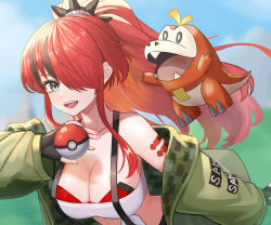 Rule 34 | 1girl, :d, ball, bandeau, bare shoulders, black hair, blue sky, breasts, cleavage, creatures (company), day, devonrex, fuecoco, game freak, green jacket, hair over one eye, highres, holding, holding ball, holding poke ball, jacket, lain paterson, lain paterson (1st costume), large breasts, long hair, looking at viewer, midriff, multicolored hair, nijisanji, nintendo, off shoulder, open clothes, open jacket, open mouth, poke ball, pokemon, pokemon (creature), ponytail, purple eyes, red hair, sky, smile, strapless, streaked hair, suspenders, tube top, upper body, virtual youtuber