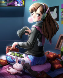Rule 34 | 1girl, absurdres, animal hood, animal print, ass, brown hair, blowing bubbles, chewing gum, controller, d.va (overwatch), doritos, eudetenis, facial mark, frown, game controller, headphones, highres, hood, hoodie, looking at viewer, looking back, overwatch, overwatch 1, pilot suit, playing games, rabbit hood, rabbit print, sitting, skin tight, solo, swept bangs, v-shaped eyebrows, whisker markings