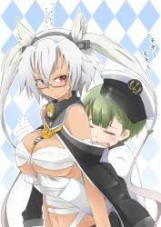 Rule 34 | 10s, 1girl, b-man, breast envy, grabbing another&#039;s breast, breasts, closed eyes, dark-skinned female, dark skin, female admiral (kancolle), glasses, gloves, grabbing, green hair, hat, kantai collection, large breasts, long hair, musashi (kancolle), musashi kai (kancolle), navel, pointy hair, red eyes, sarashi, short hair, tears, translation request, twintails, two side up, white gloves, white hair