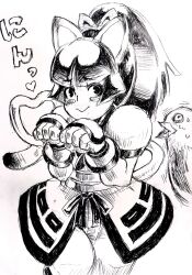 Rule 34 | 1girl, alternate hairstyle, animal, animal ears, black hair, breasts, cat ears, cat tail, clenched hands, fingerless gloves, gloves, hair ribbon, heart, heart tail, highres, legs, long hair, looking at viewer, mamahaha, monochrome, nakoruru, official alternate hairstyle, pants, ponytail, ribbon, samurai spirits, small breasts, smile, snk, tail, the king of fighters, thighs, traditional media