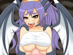 Rule 34 | 1boy, 1girl, areola slip, boy on top, breasts, clothes lift, collar, dragon girl, papi (mon-musu quest!), ecstasy (icyblue), fangs, hairband, happy sex, hetero, highres, large breasts, long hair, lying, lying on ground, mon-musu quest!, monster girl, nipples, aged up, paizuri, penis, pointy ears, ponytail, pov, shirt lift, smile, sweat, tongue, tongue out, wings, yellow eyes