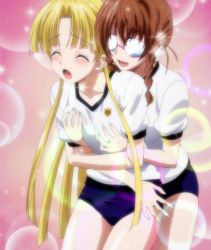 Rule 34 | 10s, 2girls, asia argento, blonde hair, blush, grabbing another&#039;s breast, brown hair, closed eyes, glasses, grabbing, high school dxd, highres, kiryuu aika, long hair, multiple girls, open mouth, shorts, smile, playing sports, standing, stitched, third-party edit, yuri