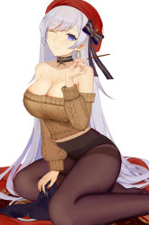 Rule 34 | 1girl, aran sweater, azur lane, bare shoulders, belfast (azur lane), belfast (shopping with the head maid) (azur lane), beret, black panties, black pantyhose, black ribbon, blue eyes, breasts, brown pantyhose, brown sweater, cable knit, choker, cleavage, collarbone, earrings, food, hat, highres, hoop earrings, jewelry, large breasts, long hair, long sleeves, looking at viewer, nail polish, no shoes, ocarino, off-shoulder sweater, off shoulder, one eye closed, panties, panties under pantyhose, pantyhose, pocky, red hat, ribbon, silver hair, simple background, smile, solo, sweater, thighband pantyhose, underwear, very long hair, white background