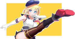 Rule 34 | 1girl, :o, bad id, bad pixiv id, beret, blonde hair, blue eyes, boots, bouncing breasts, breasts, brown thighhighs, elbow gloves, gloves, hair ornament, hairclip, hat, high kick, highres, kicking, large breasts, lulu heika, midriff, pleated skirt, sailor collar, short hair, skirt, solo, thighhighs, warship girls r, white gloves, yorktown (warship girls r)