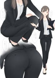 Rule 34 | 1girl, ama mitsuki, artist name, ass, belt, black footwear, black jacket, black pants, brown eyes, brown hair, commentary request, earrings, full body, hand up, highres, holding, in-ear earphones, jacket, jewelry, long hair, long sleeves, looking at viewer, multiple views, necktie, open clothes, open jacket, open mouth, original, pants, pocket, shirt, shirt tucked in, simple background, speech bubble, squatting, standing, suit jacket, translation request, white background, white shirt