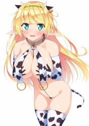 Rule 34 | 1girl, animal ears, animal print, blonde hair, blush, breasts, collar, covering privates, covering breasts, cow ears, cow horns, cow print, cow tail, elbow gloves, elf, gloves, green eyes, green hairband, hairband, highres, horns, isekai maou to shoukan shoujo no dorei majutsu, kazuma (kazumav), large breasts, long hair, looking at viewer, metal collar, navel, o-ring collar, open mouth, pointy ears, revealing clothes, shera l. greenwood, simple background, smile, solo, tail, thighhighs, white background