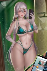 Rule 34 | 1girl, atelier (series), atelier ryza, atelier ryza 1, black nails, blue eyes, bra, breasts, cellphone, claws, cleavage, cowboy shot, emoji, fitting room, green bra, green panties, hair ornament, hairclip, hand on own hip, heterochromia, highleg, highres, lila decyrus, lingerie, lips, long hair, nail polish, navel, pale skin, panties, parted lips, patreon username, phone, prywinko, red eyes, selfie, silver hair, smartphone, solo, thick thighs, thighs, underwear, underwear only, wide hips