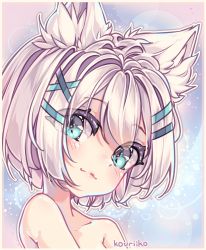 Rule 34 | animal ears, artist name, bare shoulders, blue eyes, border, collarbone, hair ornament, hairclip, head tilt, highres, kouri (ibubobubo), looking at viewer, looking to the side, md5 mismatch, original, pastel colors, portrait, resized, resolution mismatch, self-upload, short hair, smile, solo, upscaled, white hair