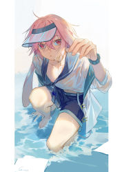Rule 34 | 1boy, absurdres, animal ears, ansel (arknights), ansel (casual vacation) (arknights), arknights, bishounen, blouse, blue sailor collar, blue shorts, collarbone, ctrl (821642), floppy ears, full body, hair between eyes, highres, male focus, nipple slip, nipples, official alternate costume, on one knee, outdoors, outstretched arm, pink eyes, pink hair, rabbit ears, sailor collar, shirt, shorts, solo, watch, water, wet, wet clothes, wet shirt, white shirt, wristwatch