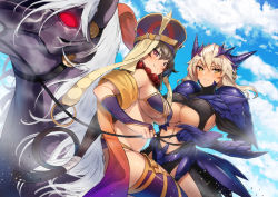 Rule 34 | 2girls, armor, artoria pendragon (fate), artoria pendragon (lancer alter) (fate), beads, bikini, black hair, blonde hair, blush, breasts, brown hair, cleavage, cloud, commentary request, dark persona, day, fate/grand order, fate (series), hat, horns, horse, jewelry, large breasts, long hair, looking at viewer, multiple girls, navel, neo-masterpeacer, prayer beads, saber (fate), saber alter, sky, smile, swimsuit, underboob, xuangzang sanzang (fate), yellow eyes
