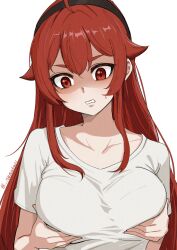 Rule 34 | 1girl, absurdres, black hairband, breasts, clenched teeth, collarbone, eris greyrat, grabbing own breast, hairband, highres, large breasts, long hair, mushoku tensei, nanao gan, red eyes, red hair, shaded face, shirt, simple background, solo, teeth, twitter username, weight conscious, white background, white shirt