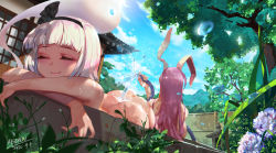 Rule 34 | 2girls, animal ears, architecture, arm support, ass, ass-to-ass, bathing, black headwear, blunt bangs, bug, chinese commentary, closed eyes, cloud, cloudy sky, commentary request, east asian architecture, flower, from behind, ghost, grass, hair ribbon, highres, hitodama, hose, insect, kezhou, konpaku youmu, konpaku youmu (ghost), ladybug, light purple hair, light smile, long hair, multiple girls, nature, nude, outdoors, rabbit ears, rabbit tail, reisen udongein inaba, ribbon, short hair, shouji, silver hair, sky, sliding doors, splashing, tail, touhou, very long hair, water, watermark, wet