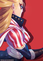 Rule 34 | 1girl, american flag, american flag print, artist name, ass, blonde hair, blue eyes, bodysuit, boku no hero academia, cape, cathleen bate, domino mask, doreko, flag print, from side, heart, highres, long hair, looking back, mask, muscular, muscular female, patreon username, red background, skin tight, solo, star (symbol), star and stripe, star and stripe (boku no hero academia), star print, striped, striped bodysuit, superhero costume, two-tone background, vambraces, watermark, web address, white background