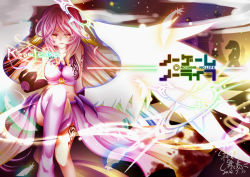 Rule 34 | 1girl, absurdres, angel wings, breasts, commentary request, spiked halo, copyright name, crop top, cross, feathered wings, feathers, gloves, gradient hair, halo, highres, jibril (no game no life), kanmai x sou, large breasts, light smile, long hair, low wings, magic circle, midriff, multicolored hair, no game no life, pink hair, sideboob, sitting, solo, symbol-shaped pupils, tattoo, very long hair, white wings, wing ears, wings, yellow eyes