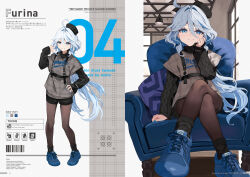 Rule 34 | 1girl, ahoge, alternate costume, arm up, black headwear, black shorts, black socks, black sweater, blue eyes, blue footwear, blue hair, blue nails, bright pupils, brown pantyhose, character name, closed mouth, cross-laced footwear, crossed legs, drop-shaped pupils, english text, full body, furina (genshin impact), genshin impact, grey hair, hair between eyes, harness, highres, long sleeves, looking at viewer, motto (night wear), multicolored hair, pantyhose, parted lips, shoes, short shorts, shorts, sitting, smile, sneakers, socks, standing, sweater, symbol-shaped pupils, turtleneck, turtleneck sweater, white pupils