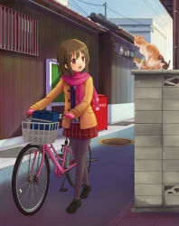 Rule 34 | 1girl, bad id, bad pixiv id, bag, bicycle, brown hair, cable, cat, eijima moko, highres, kitten, mittens, open mouth, original, pantyhose, plaid, plaid skirt, pleated skirt, red eyes, scarf, school bag, school uniform, skirt, solo