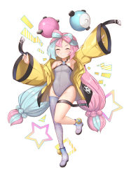 Rule 34 | 1girl, bow-shaped hair, breasts, character hair ornament, creatures (company), game freak, grey pantyhose, hair ornament, hexagon print, highres, iono (pokemon), jacket, leotard, multicolored hair, nintendo, oversized clothes, pantyhose, pokemon, pokemon sv, sharp teeth, single leg pantyhose, sleeves past wrists, small breasts, solo, split-color hair, teeth, very long sleeves, x, yellow jacket, yougenko
