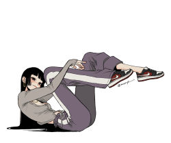 Rule 34 | 1girl, black eyes, black footwear, black hair, blunt bangs, blush, breasts, buttons, cleavage, closed mouth, cross-laced footwear, earrings, eyelashes, fang, fingers together, full body, grey shirt, highres, hoop earrings, jewelry, legs up, lips, long hair, long sleeves, looking at viewer, lying, medium breasts, midriff, mole, mole under eye, muryo, navel, necklace, nike (company), nike air force 1, on back, original, pants, purple pants, shirt, shoes, simple background, sleeves past wrists, smile, sneakers, solo, straight hair, striped, sweatpants, twitter username, vertical stripes, white background