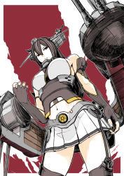 Rule 34 | 10s, 1girl, bare shoulders, black hair, breasts, brown gloves, brown hair, brown thighhighs, clenched hand, elbow gloves, fingerless gloves, foreshortening, from below, garter straps, gloves, hair between eyes, hair ornament, headgear, kantai collection, large breasts, long hair, machinery, midriff, nagato (kancolle), navel, pleated skirt, skirt, solo, tanaka hirotaka, thighhighs