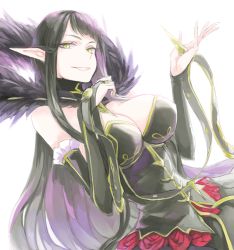 Rule 34 | 1girl, bare shoulders, black hair, blunt bangs, breasts, bridal gauntlets, cleavage, corset, dutch angle, fate/apocrypha, fate (series), fur trim, large breasts, long hair, looking at viewer, mila (yuta27315), pointy ears, semiramis (fate), smile, solo, spikes, standing, white background, yellow eyes
