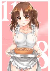 Rule 34 | 10s, 1girl, alternate costume, apple pie, apron, bare arms, bare shoulders, blush, breasts, brown eyes, brown hair, cleavage, collarbone, commentary request, eyebrows, food, hair ornament, hair scrunchie, highres, holding, holding tray, idolmaster, idolmaster cinderella girls, large breasts, long hair, looking at viewer, matching hair/eyes, miyuki rei, naked apron, open mouth, pie, scrunchie, solo, totoki airi, tray, twintails, upper body