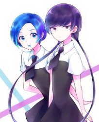 Rule 34 | 2others, androgynous, benitoite (houseki no kuni), blue eyes, blue hair, colored eyelashes, crystal hair, gem uniform (houseki no kuni), highres, houseki no kuni, long hair, looking at viewer, low twintails, multiple others, necktie, nekotamago, neptunite (houseki no kuni), purple eyes, purple hair, short hair, twintails