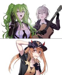 Rule 34 | 3girls, absurdres, black gloves, black jacket, blue headwear, breasts, collarbone, crossed bangs, fingerless gloves, framed, girls&#039; frontline, gloves, green hair, grey hair, guitar, hand up, hat, highres, holding, holding instrument, instrument, jacket, jewelry, long hair, looking at another, looking at viewer, m200 (girls&#039; frontline), m870 (girls&#039; frontline), m950a (girls&#039; frontline), messy hair, multiple girls, necklace, necktie, open clothes, open jacket, open mouth, orange eyes, orange hair, police, police hat, police uniform, policewoman, purple eyes, shirt, short hair, suprii, teardrop, twintails, uniform, upper body, white background, white shirt, yellow eyes, yellow jacket