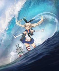 Rule 34 | 1girl, anchor hair ornament, annin musou, black hairband, black neckerchief, black panties, blonde hair, blue sailor collar, blue skirt, cosplay, crop top, elbow gloves, gloves, grey eyes, grin, hair ornament, hairband, highleg, highleg panties, highres, kantai collection, long hair, machinery, microskirt, miniskirt, neckerchief, outstretched arms, panties, pleated skirt, rensouhou-chan, sailor collar, shimakaze (kancolle), shimakaze (kancolle) (cosplay), skirt, smile, striped clothes, striped thighhighs, surfing, thighhighs, underwear, waves, white gloves
