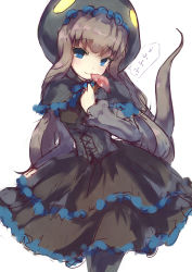 Rule 34 | 10s, 1girl, blue eyes, blue ribbon, blush, bonnet, brown hair, dress, frilled dress, frills, gothic lolita, highres, holding, kemono friends, komodo dragon (kemono friends), komodo dragon tail, lolita fashion, long hair, long sleeves, looking at viewer, missile228, mushroom, ribbon, sketch, smile, solo, speech bubble, translation request, tsurime, white background