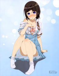 Rule 34 | 10s, 1girl, absurdres, ass, blue background, blue dress, blush, body blush, bra, breasts, brown hair, brown necktie, cleavage, convenient leg, dress, embarrassed, frilled bra, frills, hashima chihiro, highres, imouto sae ireba ii, looking at viewer, megami deluxe, necktie, nishigori sei, official art, open clothes, open shirt, patterned background, petticoat, pigeon-toed, pinafore dress, pink bra, pleated dress, print necktie, print neckwear, purple eyes, red ribbon, ribbon, ribbon-trimmed bra, shirt, sleeveless dress, socks, solo, underwear, wavy mouth, white shirt, white socks