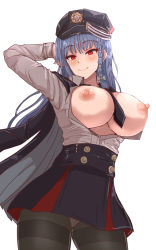 Rule 34 | 1girl, arm behind head, arm up, black headwear, black jacket, black necktie, black pantyhose, black skirt, blouse, blue archive, blue hair, blush, braid, breasts, breasts out, buttons, closed mouth, collared shirt, commentary request, from below, haruna (blue archive), jacket, large breasts, long hair, long sleeves, looking down, necktie, nipples, pantyhose, red eyes, shirt, side braid, simple background, skirt, smile, solo, tataeroero, two-sided fabric, upper body, white background, white shirt