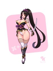 Rule 34 | 1girl, black hair, blush, breasts, cleavage, contrapposto, fishnets, forehead protector, fundoshi, geta, highres, japanese clothes, kimono, kunoichi zero, large breasts, last origin, long hair, looking at viewer, ninja, ninjatou, open mouth, parted bangs, ponytail, red eyes, short kimono, short sword, smile, solo, strapless, sword, tabi, toriseru (rare stone), very long hair, weapon, wide hips