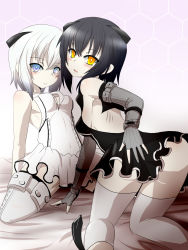 Rule 34 | 10s, 2girls, abyssal ship, abyssal twin princess (black), arms behind back, ass, bed, black hair, blue eyes, breasts, cleavage cutout, clothing cutout, commentary request, dress, elbow gloves, gloves, goma (gomasamune), hair ornament, hand on own ass, highres, kantai collection, kneeling, legs apart, looking at viewer, looking back, multiple girls, night strait princess (white), on bed, open mouth, partially fingerless gloves, short hair, small breasts, thighhighs, white hair, yellow eyes, zettai ryouiki