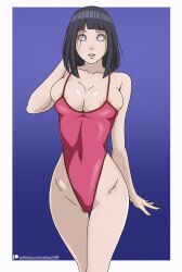 Rule 34 | 1girl, absurdres, artyum99, blue background, border, boruto: naruto next generations, breasts, breasts out, highres, hyuuga hinata, large breasts, mature female, medium breasts, naruto, naruto (series), nipple slip, nipples, nude, outside border, patreon logo, patreon username, simple background, solo, swimsuit, watermark, web address, white border