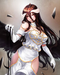 Rule 34 | 1girl, absurdres, ahoge, albedo (overlord), bad id, bad pixiv id, bare shoulders, black wings, breasts, bright pupils, brown hair, cleavage, cowboy shot, demon girl, detached collar, dress, elbow gloves, feathered wings, gloves, gold trim, half-closed eyes, highres, hip vent, horns, kibellin, large breasts, long hair, looking at viewer, orange eyes, overlord (maruyama), side cut, slit pupils, smile, solo, very long hair, wavy hair, white dress, white gloves, wings