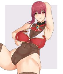Rule 34 | absurdres, armpits, arms behind back, breast hold, breasts, cameltoe, cleavage, cleft of venus, grin, highleg, highleg leotard, highres, hololive, houshou marine, large breasts, leotard, red hair, see-through, see-through cleavage, self-upload, skyronix, smile, solo, thighhighs, virtual youtuber