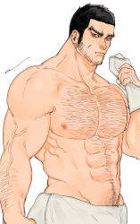 Rule 34 | 1boy, abs, arm hair, bad id, bad poipiku id, bara, beard, black hair, brown eyes, buzz cut, chest hair, cowboy western, facial hair, facial scar, golden kamuy, groin, hairy, highres, jo tuesday19, large pectorals, long sideburns, looking at viewer, male focus, mature male, muscular, muscular male, naked towel, navel, navel hair, nipples, pectorals, scar, scar on cheek, scar on face, short hair, sideburns, solo, stomach, stubble, tanigaki genjirou, thick eyebrows, topless male, towel, veins, very short hair