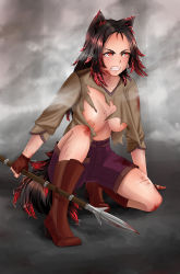 Rule 34 | 1girl, absurdres, angry, animal ears, blood, blood on clothes, blood on face, boots, breasts, cat ears, colored tips, fang, fantasy, fingerless gloves, gloves, gradient hair, highres, holding, holding lance, holding polearm, holding weapon, lance, large breasts, lightning, long hair, messy hair, multicolored hair, nipples, original, polearm, red eyes, rinko riban, self-upload, shorts, solo, tail, torn clothes, weapon