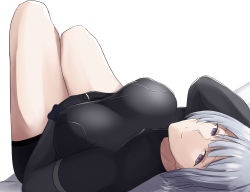 Rule 34 | 1girl, arm behind head, bare legs, black bodysuit, bodysuit, breasts, closed mouth, covered collarbone, cyka, girls&#039; frontline, hand on own stomach, highres, large breasts, looking at viewer, lying, on back, purple eyes, rpk-16 (girls&#039; frontline), short hair, silver hair, smile, solo, white background
