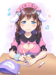 Rule 34 | 1girl, :q, absurdres, animal ears, beamed eighth notes, blue bow, blue eyes, blue scrunchie, blush, bow, breast rest, breasts, brown hair, cleavage, cleavage cutout, closed mouth, clothing cutout, collared dress, commentary request, drawing, dress, eighth note, hair bow, heart cutout, highres, large breasts, long hair, maid, maid headdress, medium breasts, musical note, original, pink dress, puffy short sleeves, puffy sleeves, scrunchie, short sleeves, smile, solo, star (symbol), table, tongue, tongue out, upper body, wrist scrunchie, yingyemao